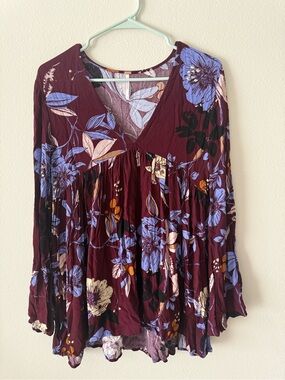 Free People Burgundy Floral V-Neck Peasant Blouse